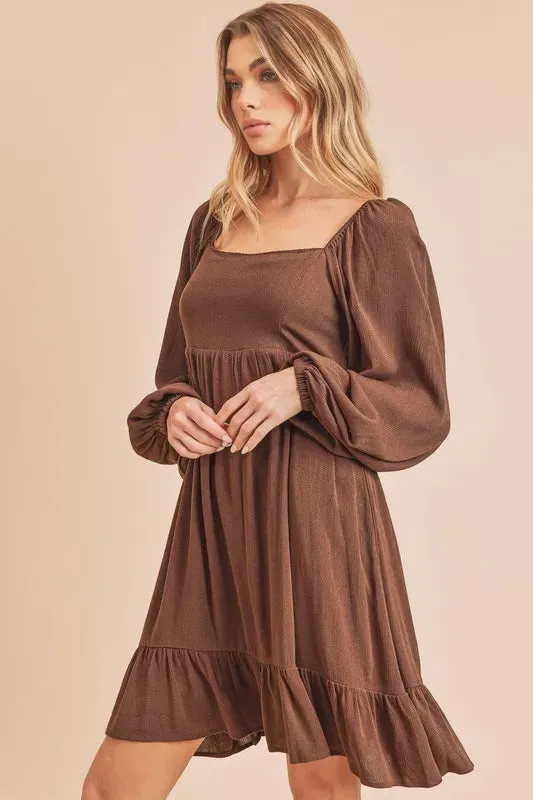 Ruffled Hem Square Neck Balloon Sleeve Mini Dress sold by Skemo product image thumbnail 3