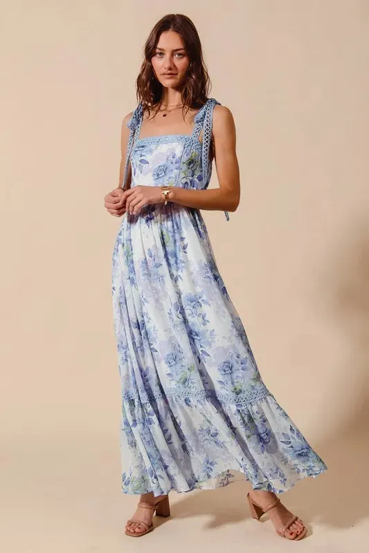 Floral Print Flowy Maxi Dress with Lace Ribbon Tie sold by Skemo
