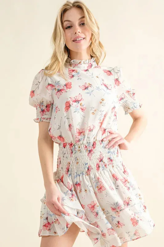 Floral Print Smocked Waist Mini Dress sold by Skemo