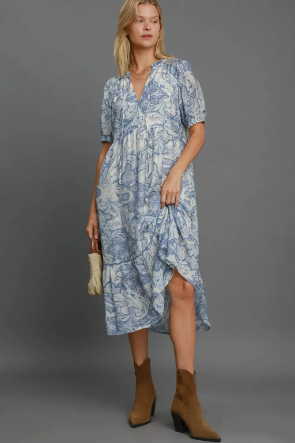 Printed Puff Short Sleeve Midi Dress sold by Skemo