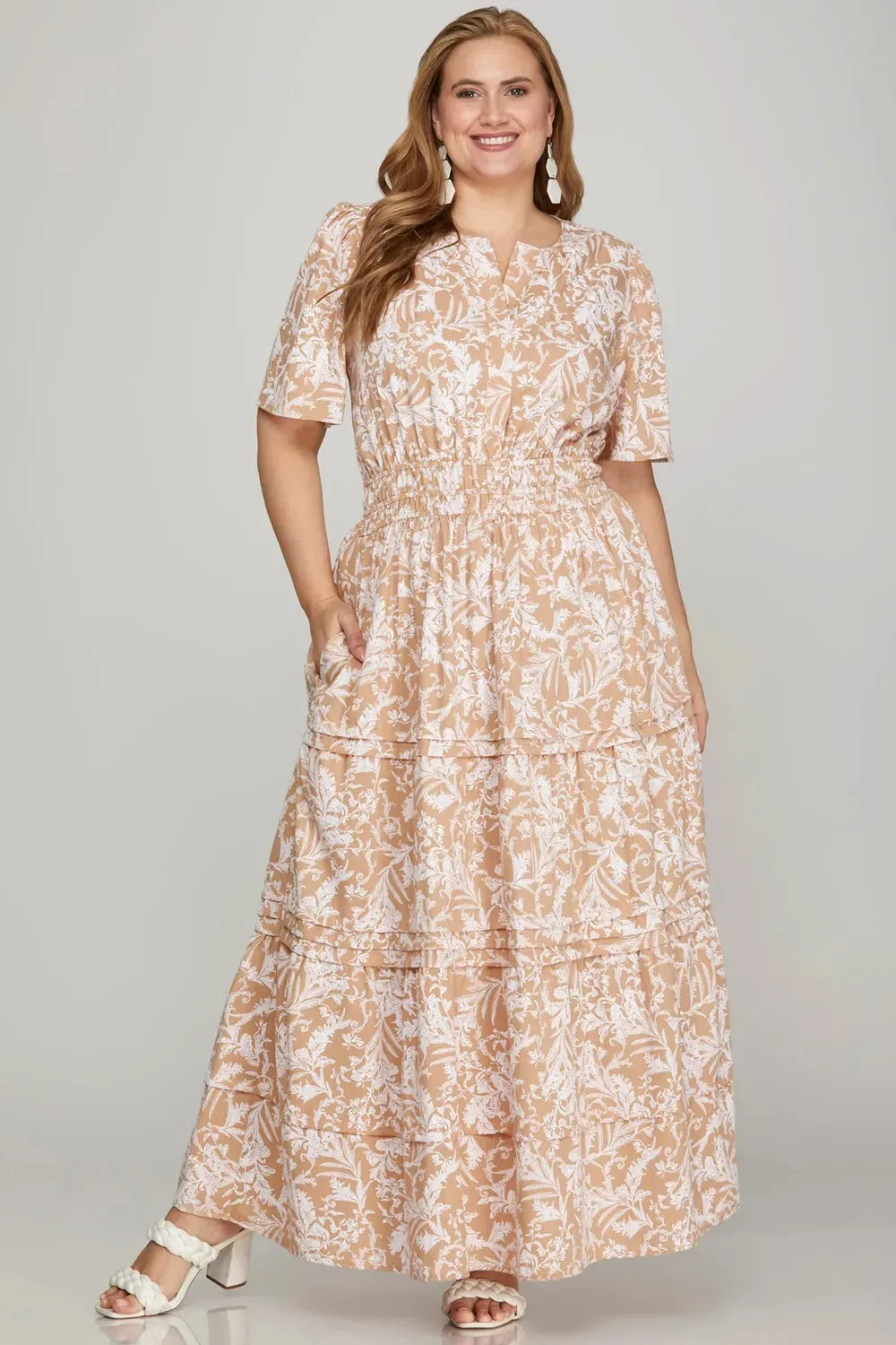 Printed Notched Woven Tiered Pintuck Maxi Dress with Side Pockets sold by Skemo product image thumbnail 3