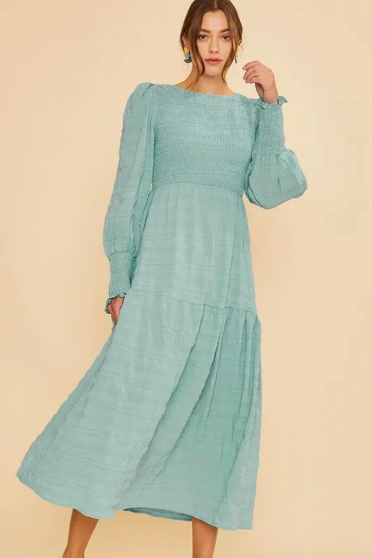 Textured Smocking Bodice Tiered Midi Dress sold by Skemo