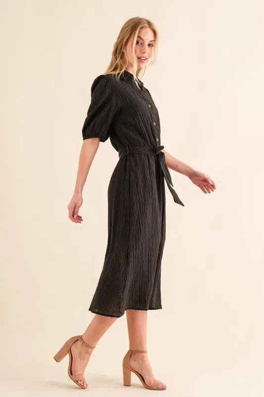 Waffle Textured Ribbon Waist Midi Dress sold by Skemo product image thumbnail 2