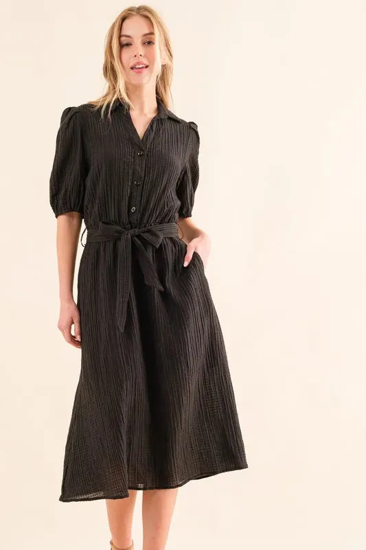 Waffle Textured Ribbon Waist Midi Dress sold by Skemo product image thumbnail 4