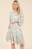 Floral Cinched Waist Balloon Sleeve V-Neck Dress sold by Skemo