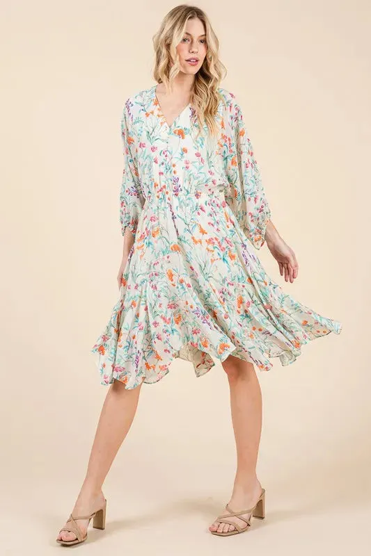 Floral Cinched Waist Balloon Sleeve V-Neck Dress sold by Skemo
