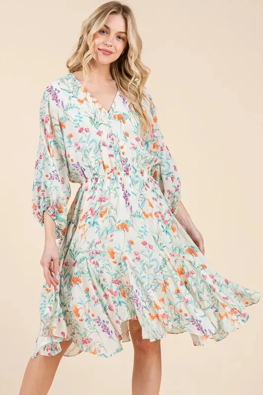 Floral Cinched Waist Balloon Sleeve V-Neck Dress sold by Skemo product image thumbnail 2