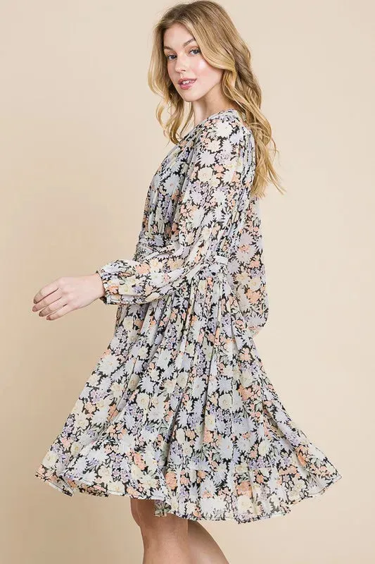 Chiffon Floral Print Belted Dress with Back Zipper sold by Skemo product image thumbnail 3