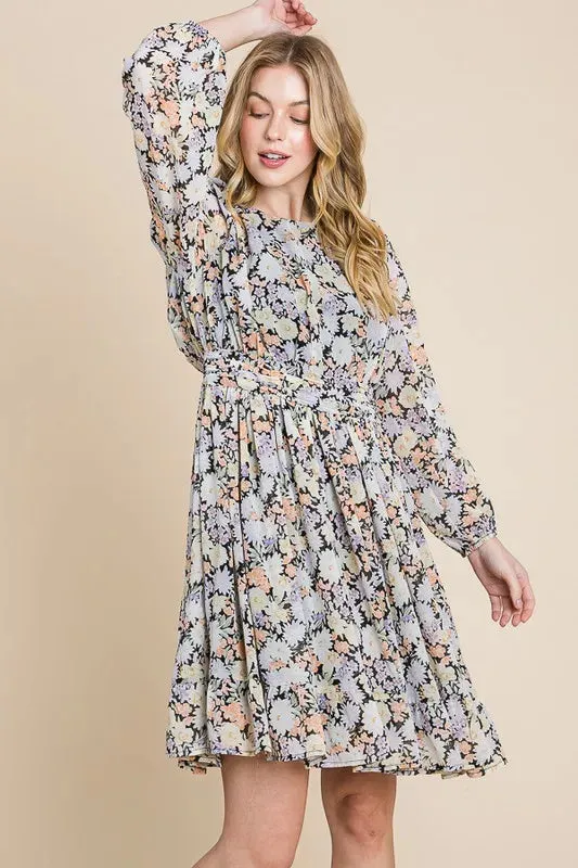 Chiffon Floral Print Belted Dress with Back Zipper sold by Skemo product image thumbnail 4