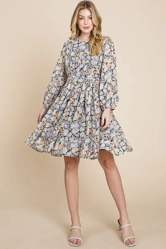Chiffon Floral Print Belted Dress with Back Zipper sold by Skemo