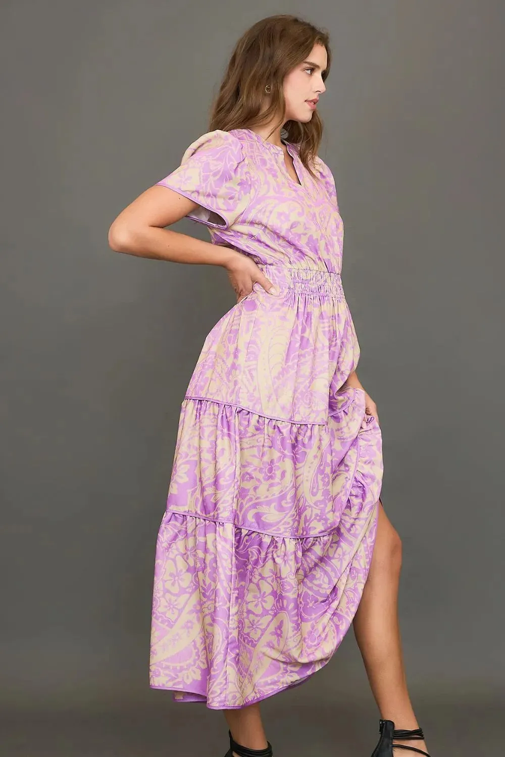 Full Size Printed Notched Short Sleeve Tiered Dress Plus Size sold by Skemo product image thumbnail 2