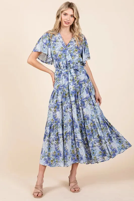 Floral Tie Waist Flutter Sleeve Tiered Dress sold by Skemo product image thumbnail 4