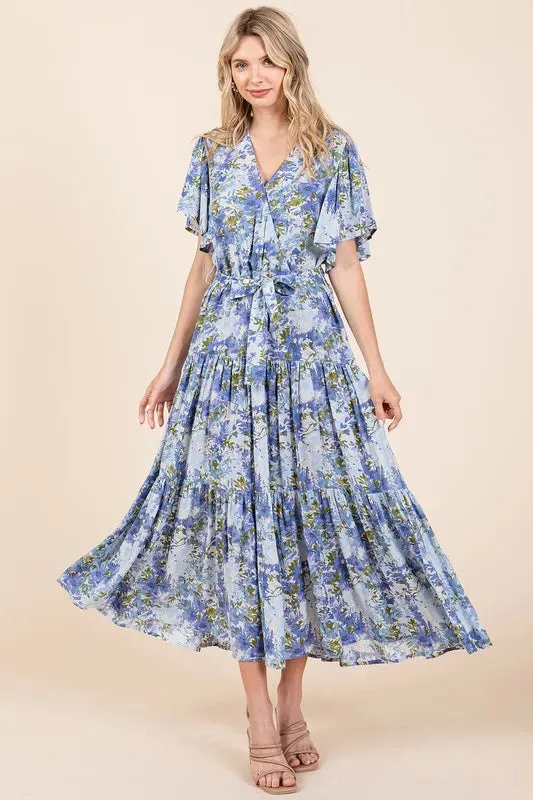 Floral Tie Waist Flutter Sleeve Tiered Dress sold by Skemo