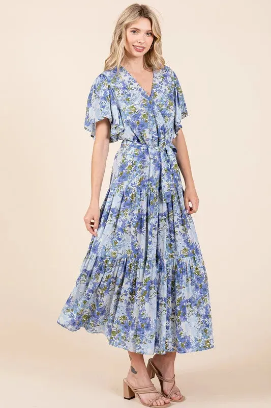 Floral Tie Waist Flutter Sleeve Tiered Dress sold by Skemo product image thumbnail 5