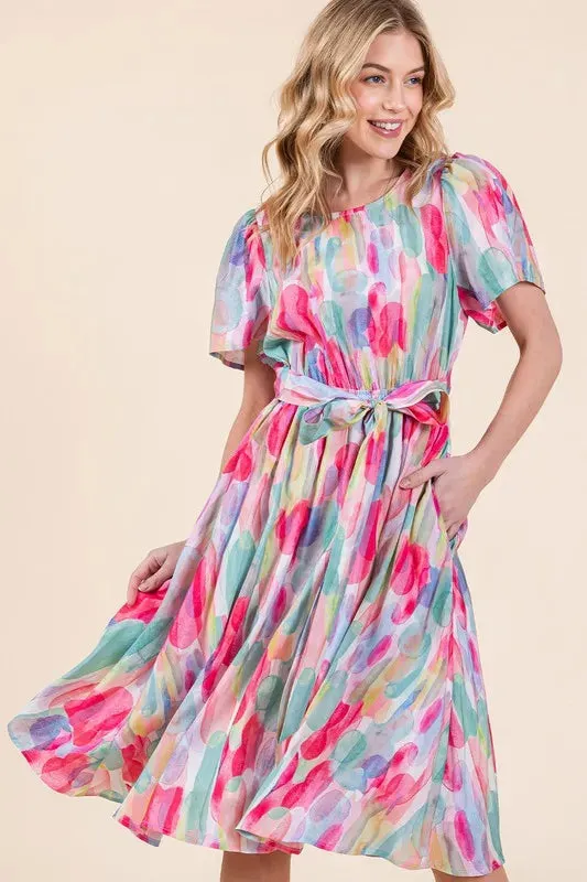 Watercolor Print Tie Front Midi Dress sold by Skemo product image thumbnail 4