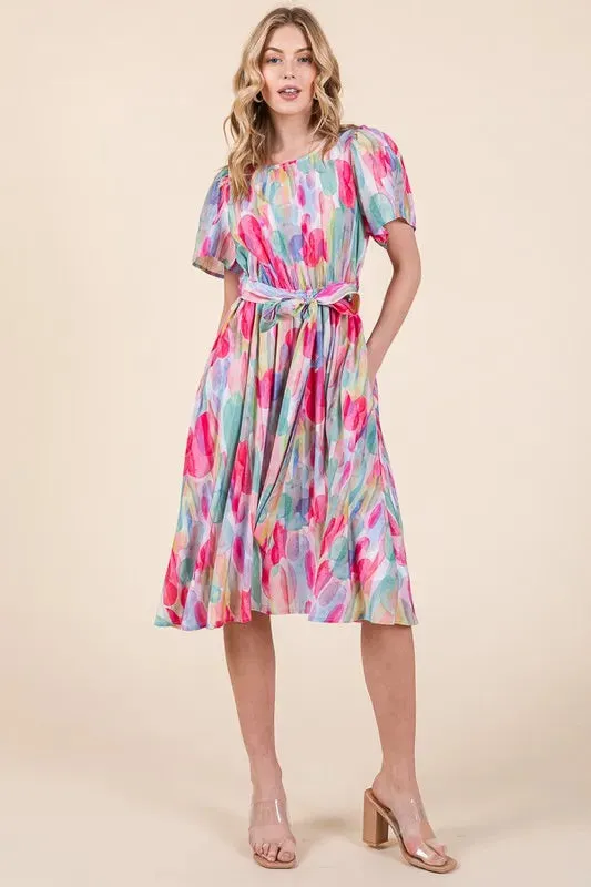 Watercolor Print Tie Front Midi Dress sold by Skemo