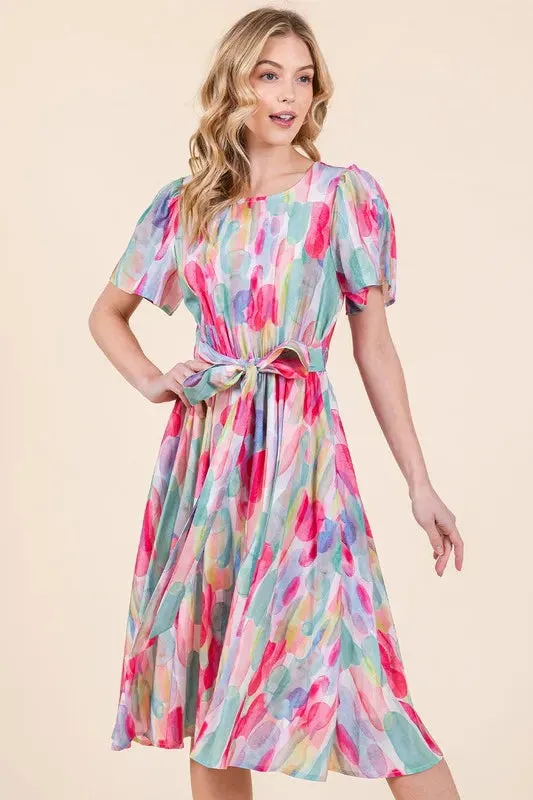 Watercolor Print Tie Front Midi Dress sold by Skemo product image thumbnail 3