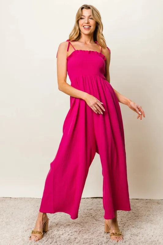 Texture Smocked Sleeveless Jumpsuit sold by Skemo