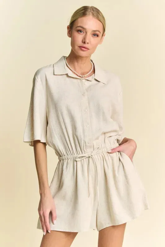 Drawstring Waist Button-Down Shirt Romper sold by Skemo