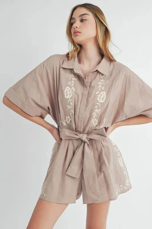 Embroidered Button Down Collared Neck Romper sold by Skemo