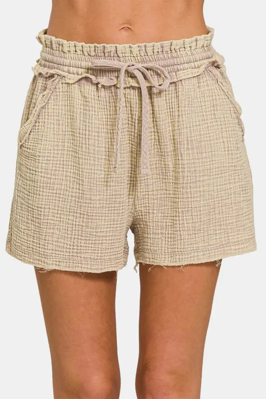 Washed Frayed Hem Drawstring Shorts sold by Skemo