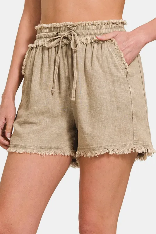 Washed Linen Frayed Hem Drawstring Shorts sold by Skemo