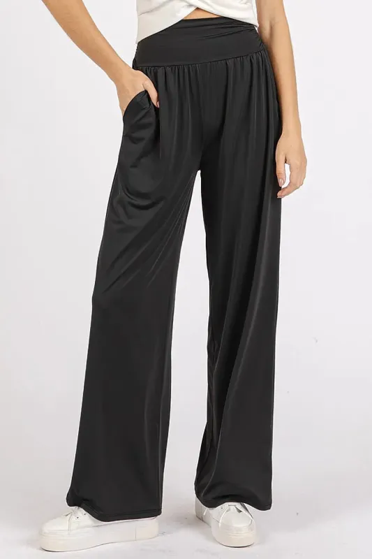 Stretch Banded Waist Wide Leg Pants with Pockets made by Skemo