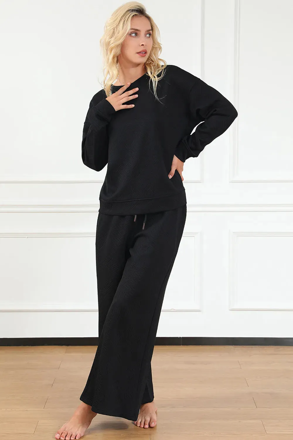 Take Full Size Textured Long Sleeve Top and Drawstring Pants Set sold by Skemo product image thumbnail 5
