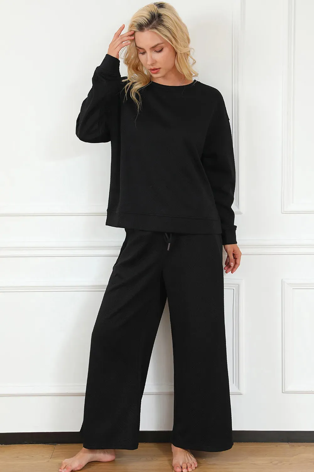Take Full Size Textured Long Sleeve Top and Drawstring Pants Set sold by Skemo product image thumbnail 3