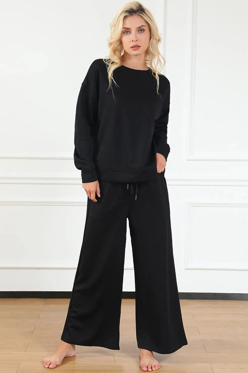 Take Full Size Textured Long Sleeve Top and Drawstring Pants Set sold by Skemo