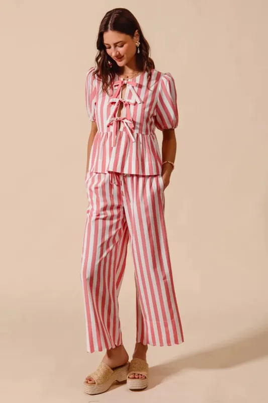 Front Tie Stripe Top With Puff Sleeves and Wide Leg Pants Set sold by Skemo