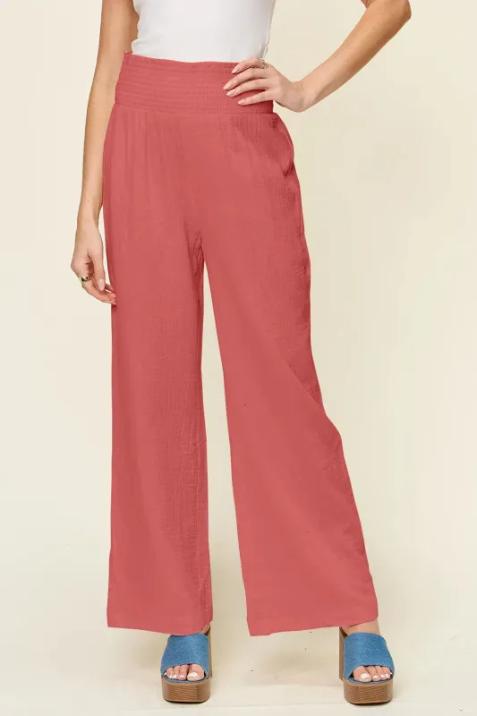 Take Full Size Texture Smocked Waist Wide Leg Pants sold by Skemo