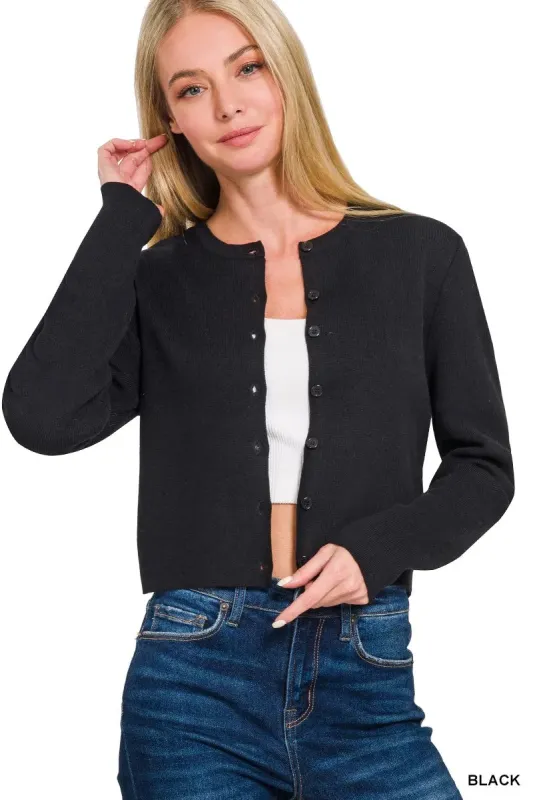 Button-Front Crewneck Long Sleeve Cropped Cardigan sold by Skemo