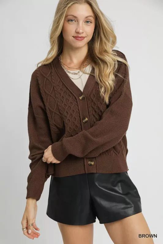 Chunky Cable Knit V-Neck Button-Up Cardigan sold by Skemo