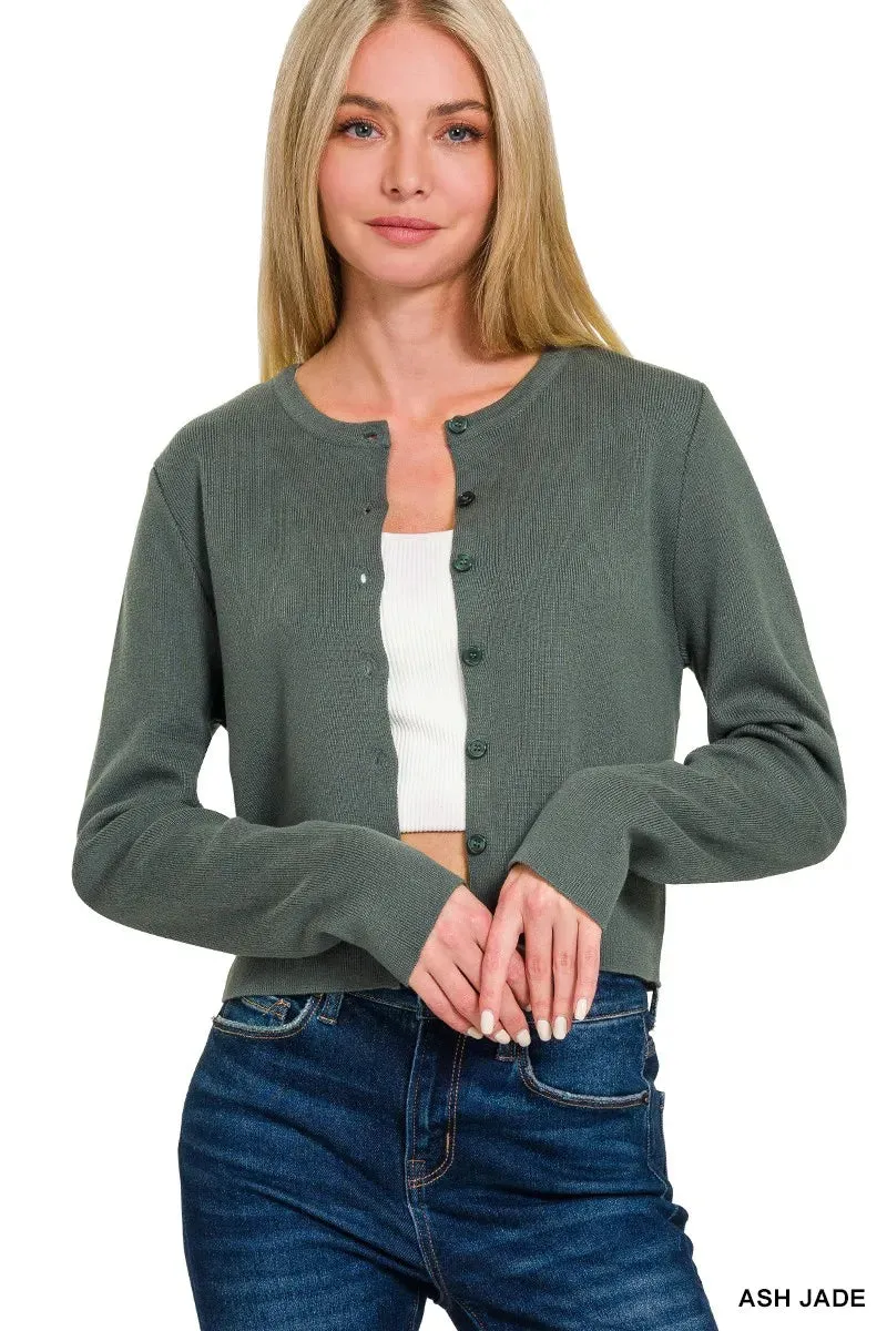 Button-Front Crewneck Long Sleeve Cropped Cardigan sold by Skemo