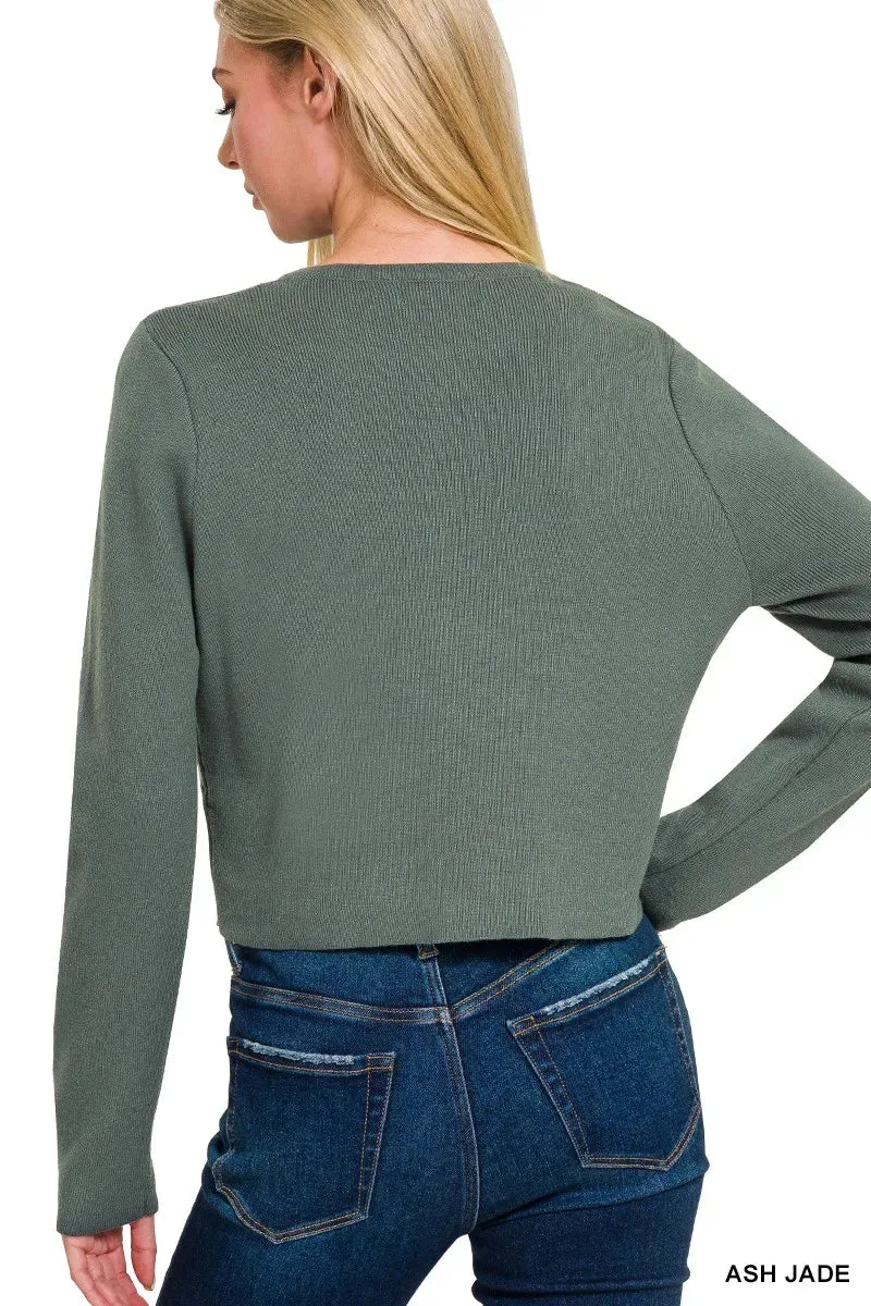 Button-Front Crewneck Long Sleeve Cropped Cardigan sold by Skemo product image thumbnail 2