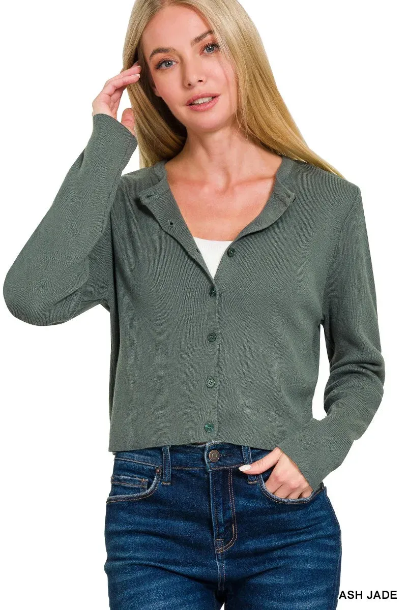 Button-Front Crewneck Long Sleeve Cropped Cardigan sold by Skemo product image thumbnail 3