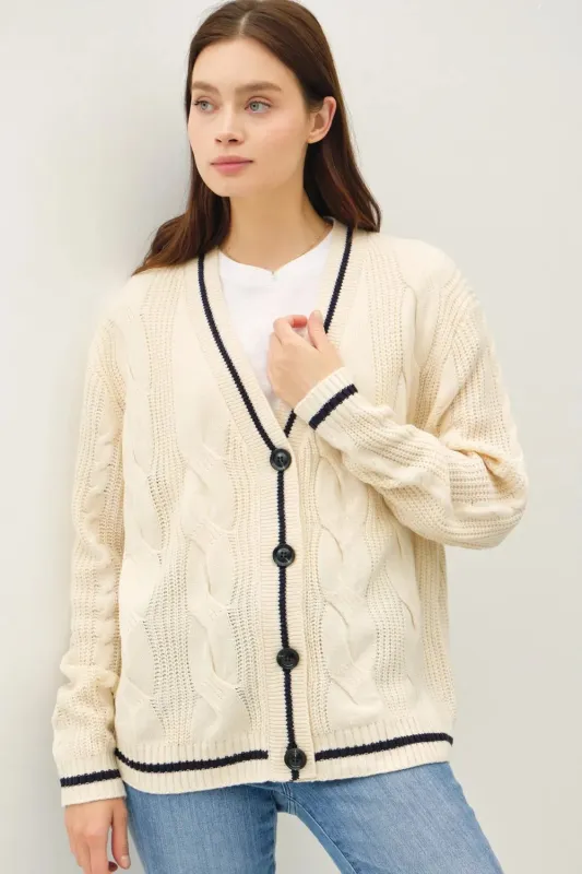 Contrast Trim Cable-Knit V-Neck Cardigan sold by Skemo