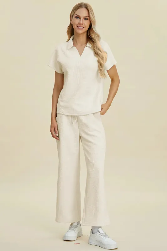 Collared Neck Short Sleeve Top and Pants Set sold by Skemo