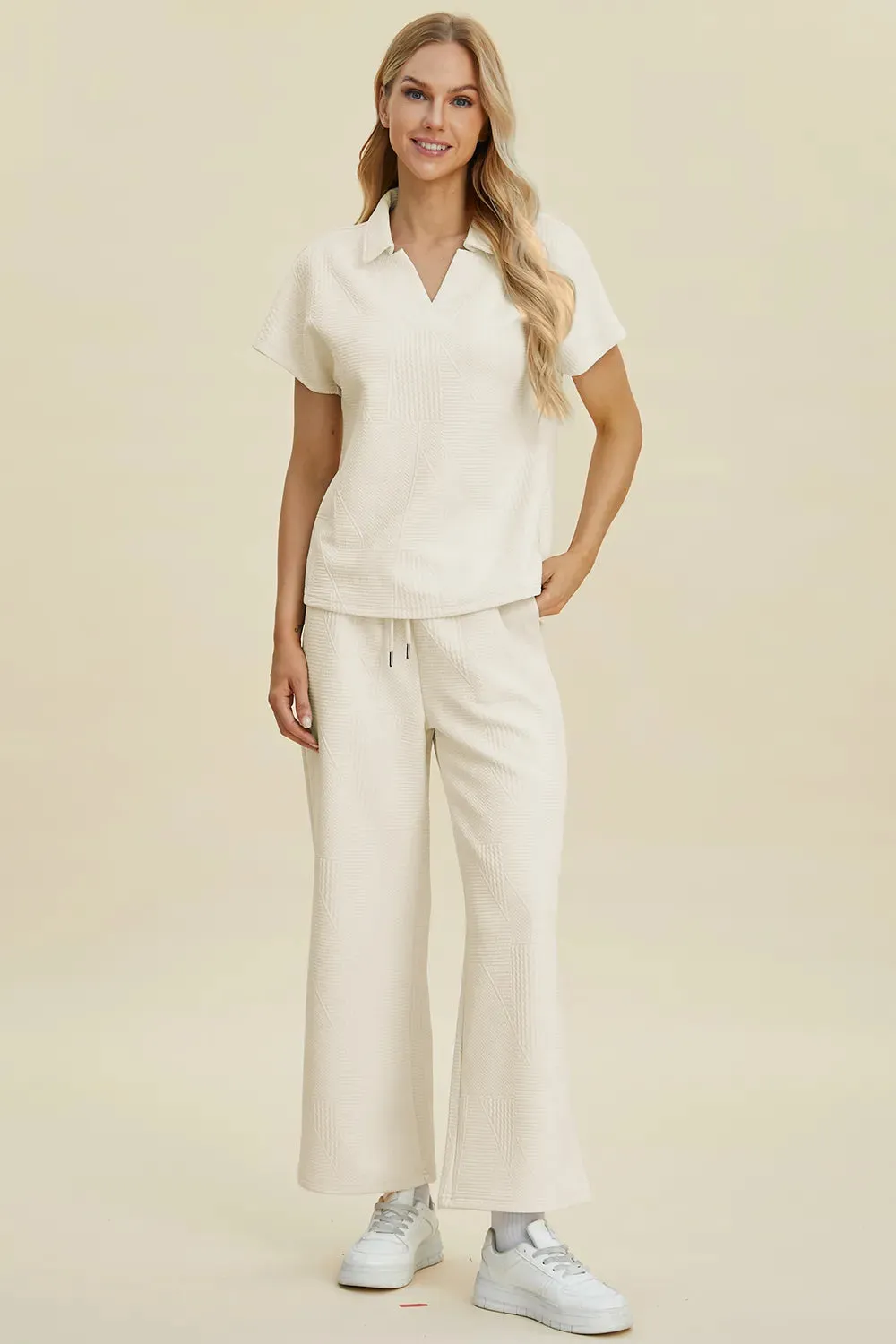 Collared Neck Short Sleeve Top and Pants Set sold by Skemo