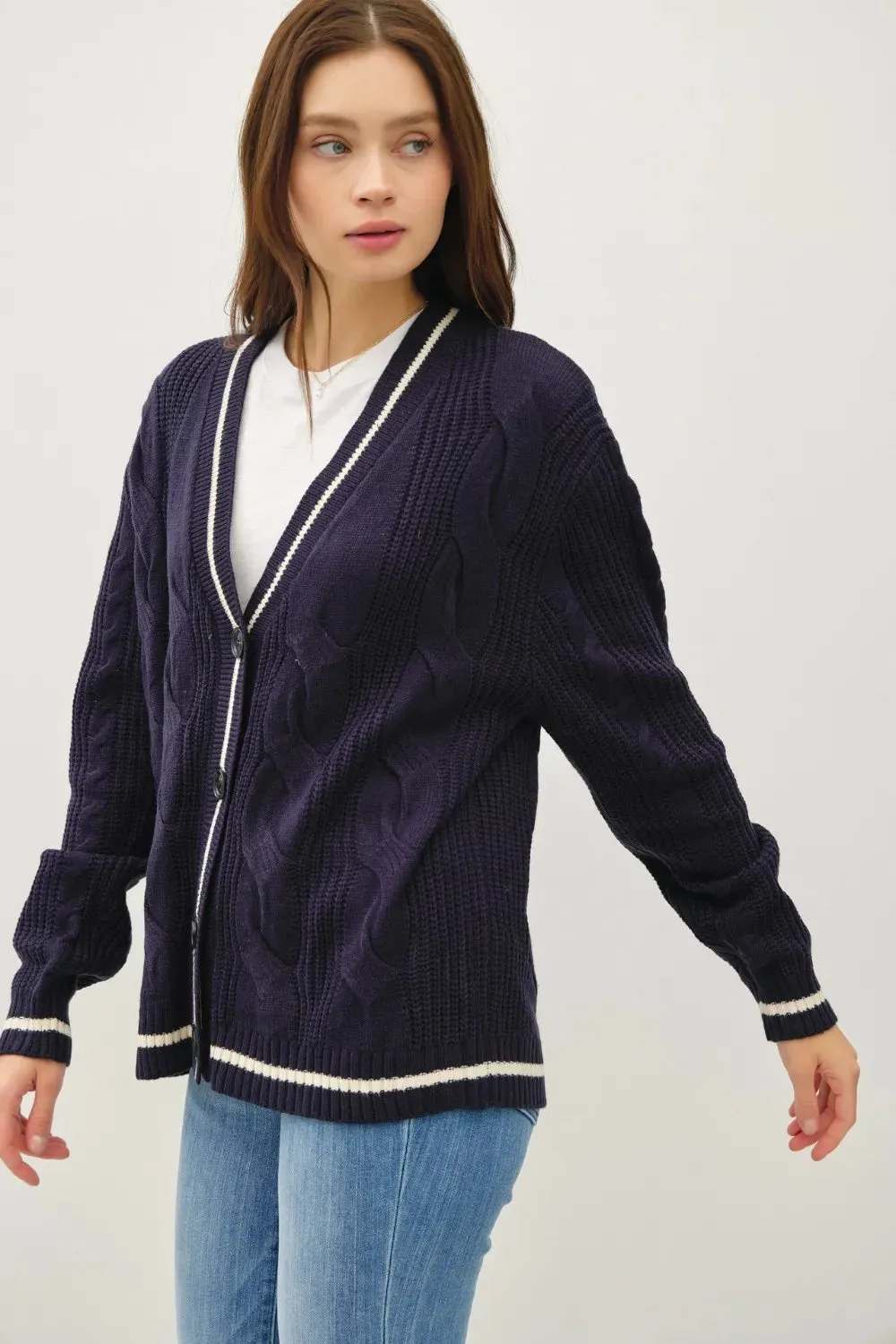 Contrast Trim Cable-Knit V-Neck Cardigan sold by Skemo product image thumbnail 2