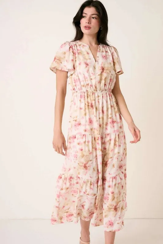 Flower Print Flutter Sleeve V Slit Maxi Dress sold by Skemo