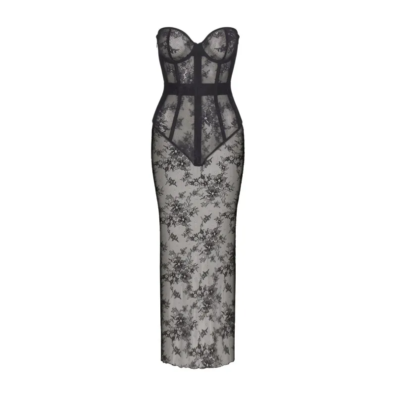 ULTRA FINE LACE STRAPLESS CORSET LONG DRESS | ONYX sold by SKIMS