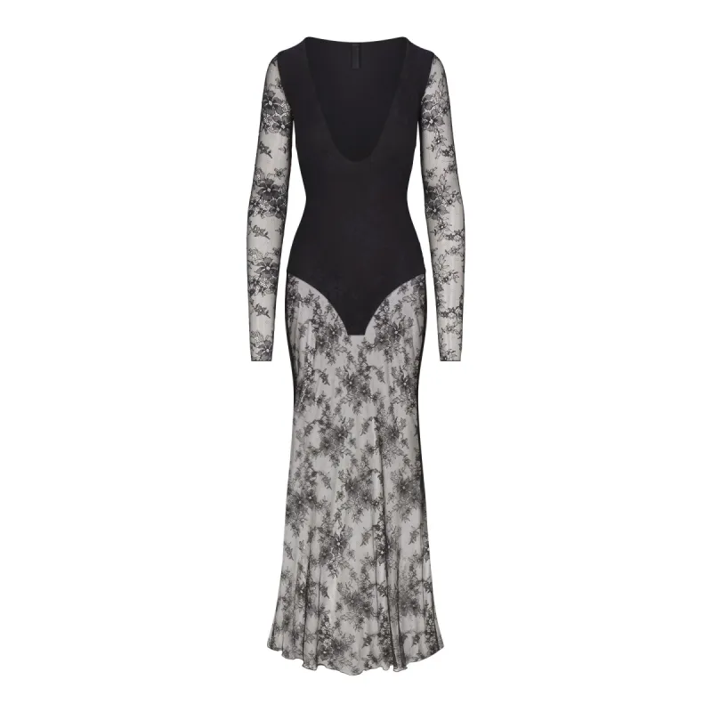 ULTRA FINE LACE PLUNGE LONG DRESS | ONYX sold by SKIMS