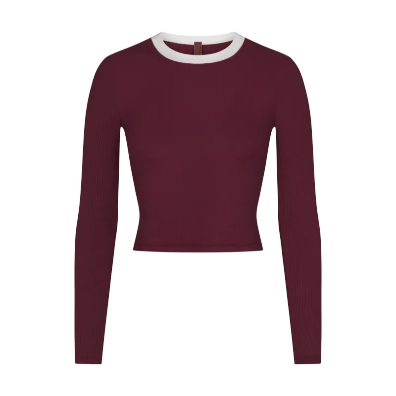 SOFT LOUNGE RINGER LONG SLEEVE CROP TOP | MAROON sold by SKIMS