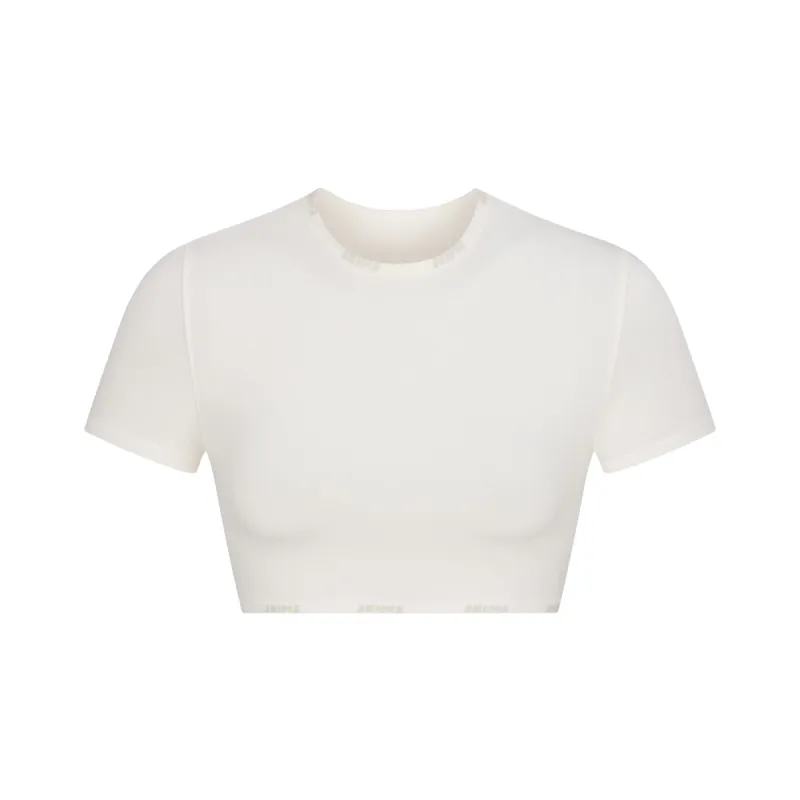 COTTON LOGO SUPER CROPPED T-SHIRT | MARBLE sold by SKIMS