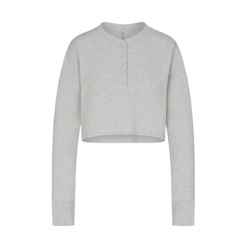 WAFFLE HENLEY CROPPED LONG SLEEVE | LIGHT HEATHER GREY sold by SKIMS