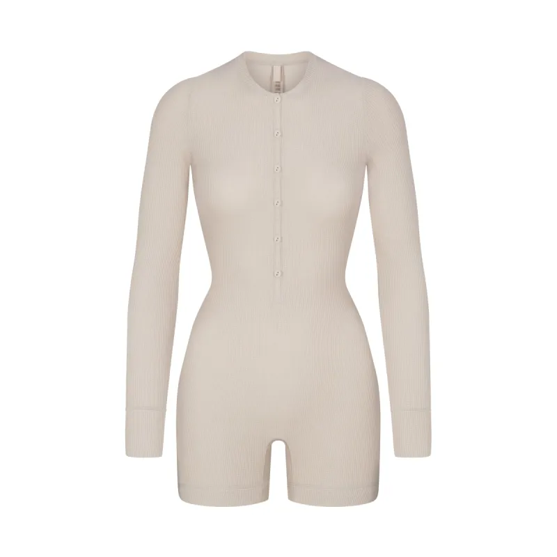 WAFFLE BUTTON UP HENLEY ONESIE | STONE sold by SKIMS