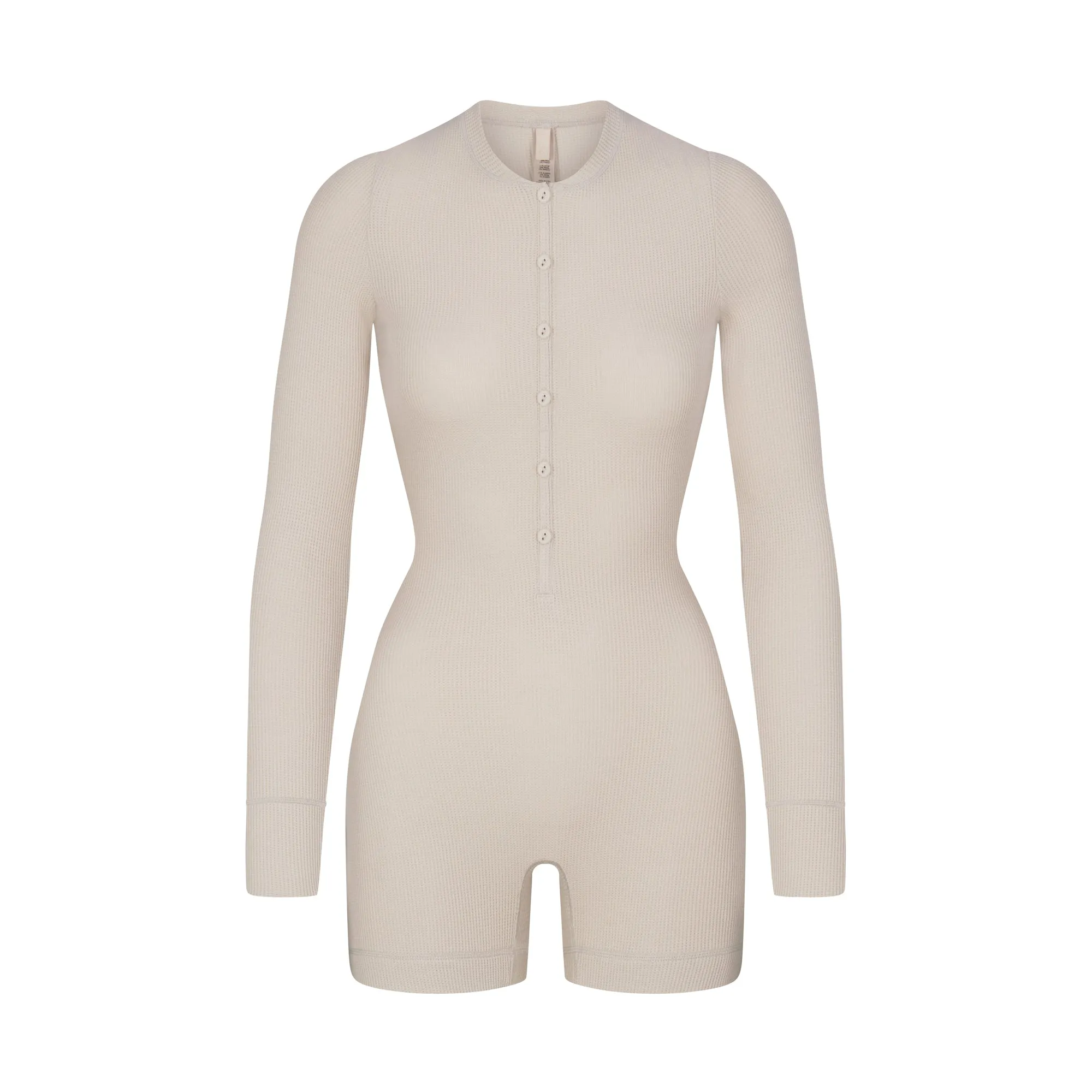 WAFFLE BUTTON UP HENLEY ONESIE | STONE sold by SKIMS
