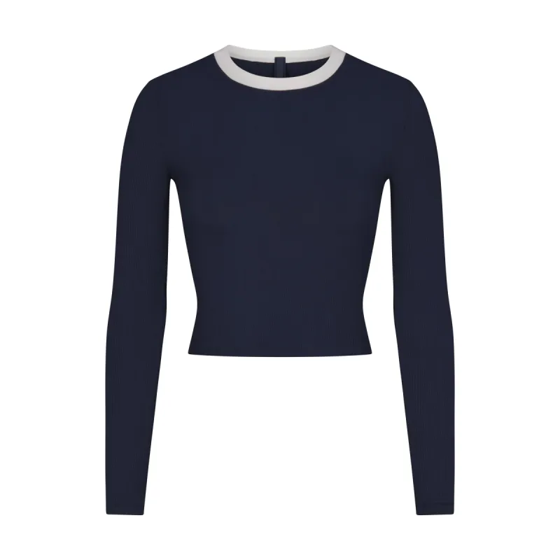 SOFT LOUNGE RINGER LONG SLEEVE CROP TOP | NAVY sold by SKIMS